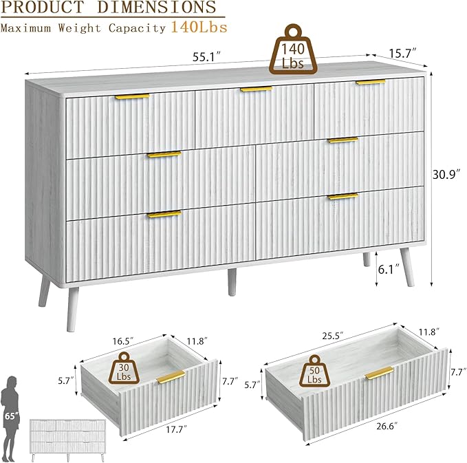 CARPETNAL Fluted 7 Double Drawers White Dresser for Bedroom, 55”Wide Modern Chest of Drawers with Deep Drawers,Wood Drawer Organizer for Bedroom Living Room, Hallway, White