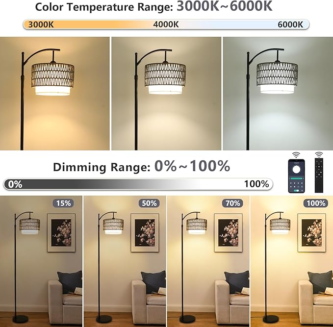 Floor Lamps for Living Room, Arc Standing Lamp with Remote & Dimmable Bulb, Boho Rattan Floor Lamp for Bedroom with 3 Color Temperatures, Farmhouse Tall Lamp, Height Adjustable Stand up Lamp