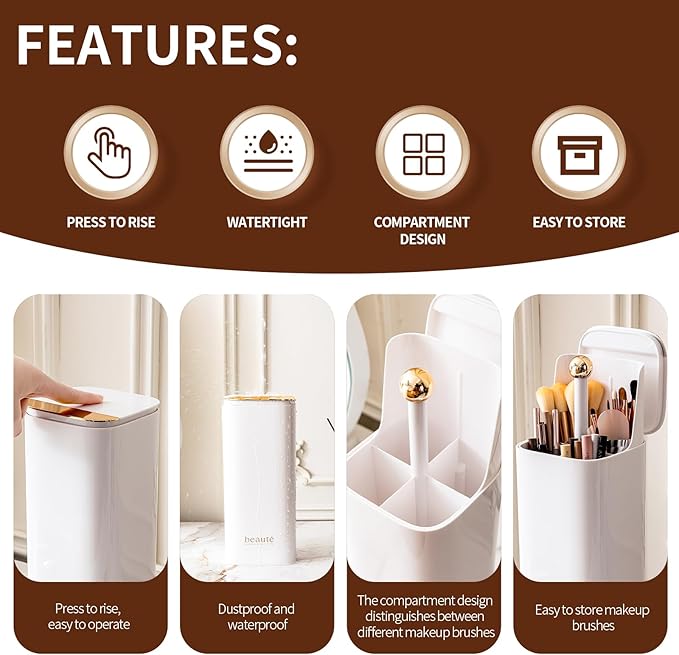 Makeup Brush Holder Organizer, One Touch for Open, Dustproof Make Up Organizer with Lid for Vanity Bathroom Countertop,White