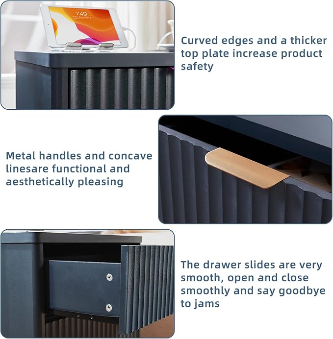 LEYAOYAO 23" Wide Fluted Farmhouse Night Stand Set of 2 with Charging Station, 3 Drawers Large End Table w/Metal Handle, Blue Nightstand Bedside Table,Wood Dresser for Bedroom, Closet