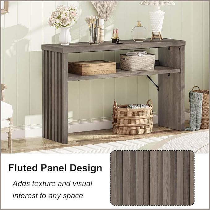 BON AUGURE Sofa Console Table, Wood Entryway Table, Grey Behind Couch Tables with Open Storage, Modern Narrow Hallway Tables (Greige Oak, 47 Inches)
