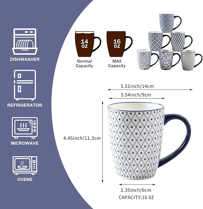 Ceramic Coffee Mugs Set - 16 Oz Large Porcelain Tea Cups with Handle for Men Women Latte Cocoa Cappuccino - Christmas Housewarming Gift - Dishwasher Safe - Set of 6 - Vintage Blue
