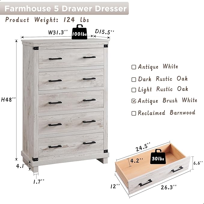 T4TREAM Farmhouse 5 Drawers Dresser for Bedroom, 48" Tall Wood Chest of Drawers w/Natural Texture & Metal Handle, Rustic Storage Dressers Organizer for Living Room, Hallway, Antique Brush White
