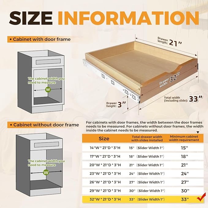 Pull Out Drawers for Cabinet 33"W x 22"D x 3"H Wood Slide Out Cabinet Organizer and Storage Cabinet Kitchen Drawers Slide Out Shelves Pull Out Shelves in Kitchen Pantry Bathroom with Soft Close