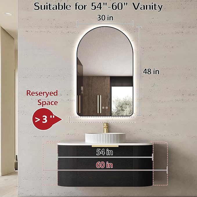 Niccy Arched LED Lighted Bathroom Mirror, 48x30 Inch Backlit Vanity Bathroom Mirror with Lights Brushed Black Framed Wall Mounted Mirrors with 3 Color Shatterproof Arch Smart Fog Free Mirror