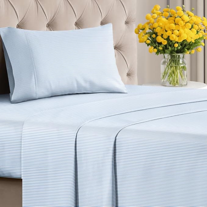 Sky Blue and White Striped Sheets - 1 Flat & 1 Fitted Sheet & 1 Pillowcase w/ Deep Pockets - Wrinkle & Fade Resistant - Ultra-Soft, Breathable & Cooling - Pinstripe Patterned Bed Set - Twin Size