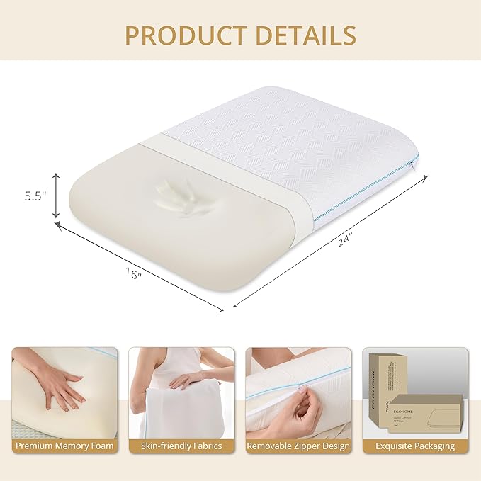 Standard Bed Pillow Size-Memory Foam Made in USA-for Side, Back and Stomach Sleepers, Neck Support with Washable & Removable Cover, Medium Soft, 1 Pack, White 4 Pound