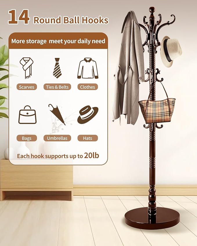 Wooden Coat Rack Freestanding, Solid Wood Coat Rack Stand with 14 Hooks, Vintage Heavy Duty Standing Coat, Sturdy Jacket Hanger Tree Stand for Corner, Office, Entryway