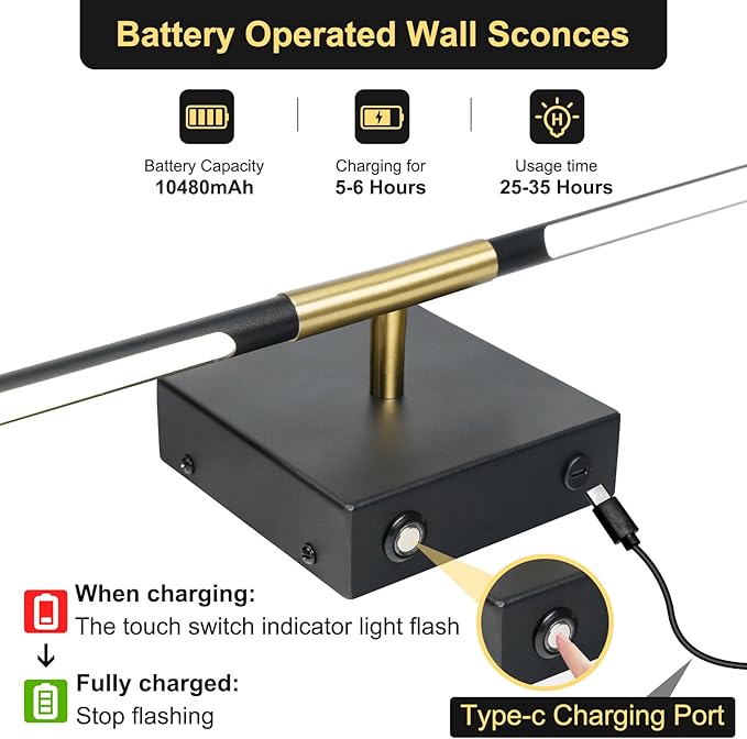 Battery Operated Wall Sconces Set of 2, Battery Wall Sconce with Remote Control,350°Rotate, LED Rechargeable Sconces,3000K-6000K Wireless Wall Light for Bedroom, Living Room, Hallway (Black,28Inch)