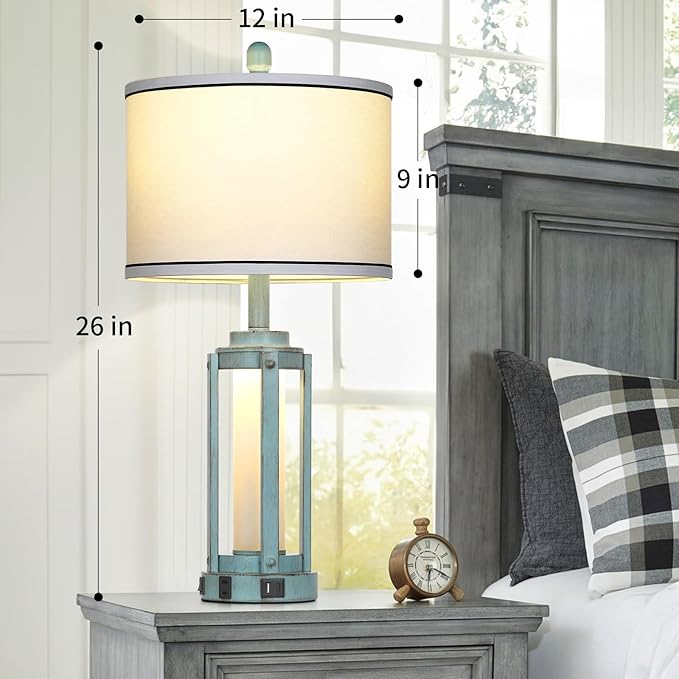 Table Lamp for Living Room, Vintage Rustic Industrial Farmhouse Lamps with USB A+C Charging Ports & AC Outlet, Beside Nightstand Metal Lamp with LED Night Light & Fabric Shade for Bedrooms