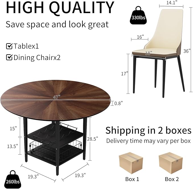 VFK 47 Inch Round Dining Table Set, Modern Wood Dining Table with Double Storage Rack, 2 Person Dining Table and Chair Set for Kitchen, Dining Room, Living Room