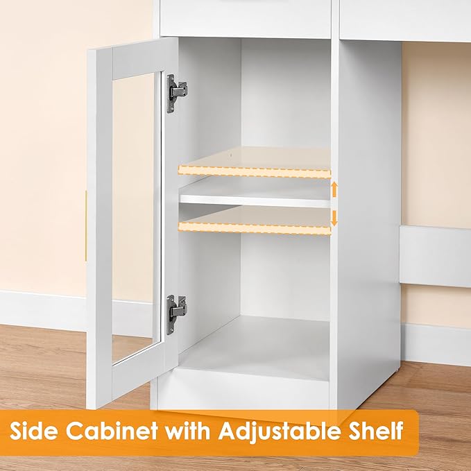 BEWISHOME 49.2" Large Vanity Desk with Mirror and Lights,White Makeup Vanity Table with Glass Top,Stool,Makeup Desk with Power Outlet,5 Drawers,Nightstand,Dressing Table for Bedroom Women FST34W