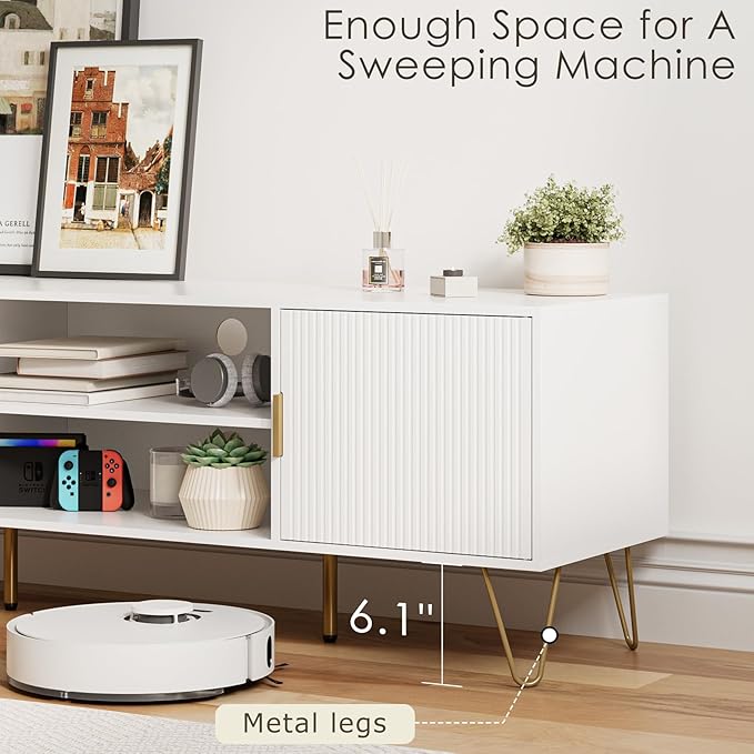 TV Stand for 55 65-inch TV, Entertainment Center with Soft Hinge Door,TV Console Table with 2 Cabinets with Gold Handle and Feet,for Living Room, Bedroom, White