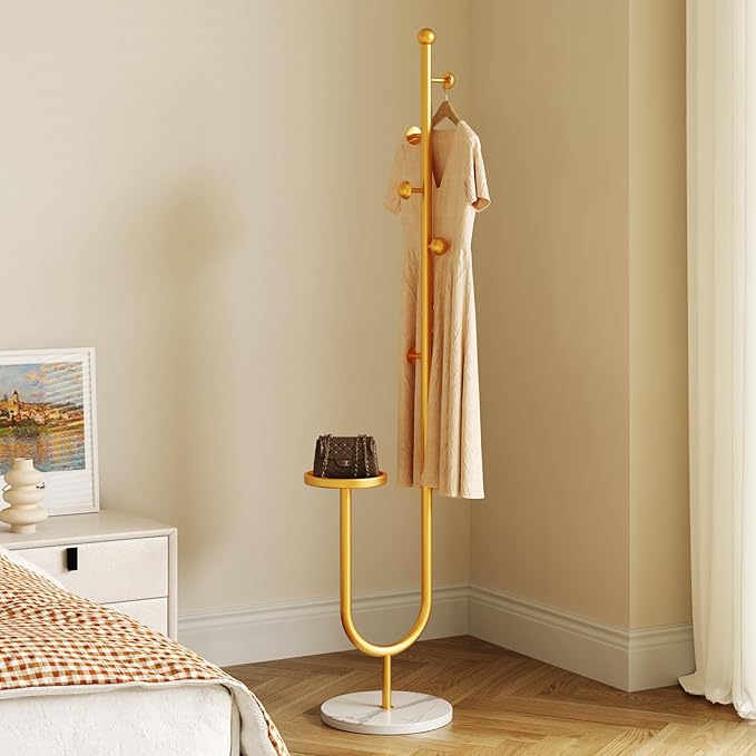 Coat Rack,Metal Free Standing Coat Stand with marble base, Hall Coat Tree with 6 Hooks and Storage Tray,68.9 Inch Tall, for Coats, Hats, Bags, for Entryway, Hallway, Bedroom (gold)