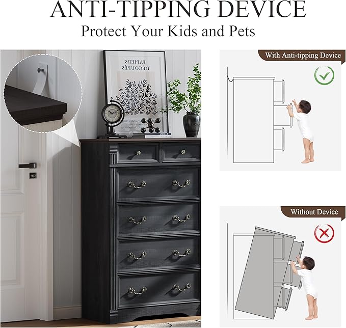 Yaamizz Farmhouse Dresser for Bedroom, 47" Tall 6 Drawer Dresser Storage with Wood Pilasters and Metal Handles, Vintage Design, Drawer Organizer for Bedroom, Hallway, Black