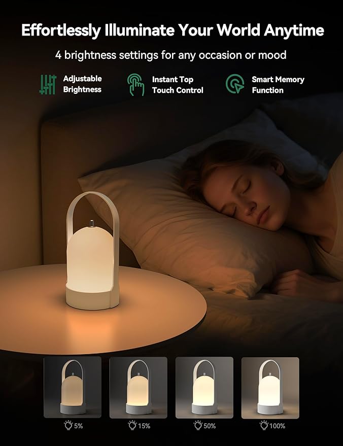Tubicen Portable Lamp, Battery Operated Rechargeable Cordless Table Lamps 4-Level Touch Dimmable Desk Outdoor Lamp, Night Light for Camping Lantern Home Bedroom Dinning Room Balcony Patio