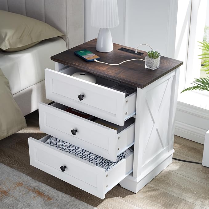 Farmhouse 3 Drawers Dresser for Bedroom, Rustic Small Chest of Drawers with Charging Station, Wood Closet Organizers, White Modern Tall Nightstand/End Table for Bedroom, Living Room, Entryway