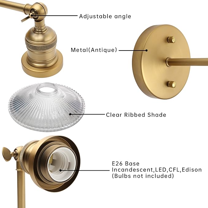 Industrial Vintage Wall Sconce 1-Light with Funnel Ribbed Clear Glass Shade, Indoor Wall Mounted Lamp Fixture for Living Room Bedroom Bathroom Over Kitchen Sink