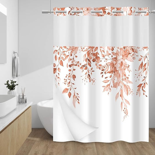 No Hook Shower Curtain with Snap in Liner - Eucalyptus Shower Curtain - Washable Waterproof Inner Liner, Plants Blush Leaves Modern Shower Curtains - Machine Washable, 71 x 74