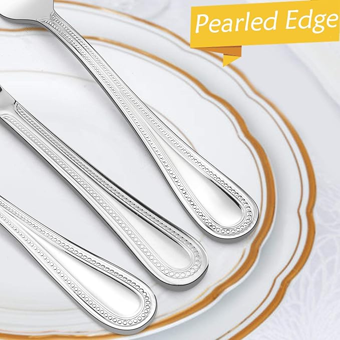 40-Piece Silverware Set, HaWare Stainless Steel Flatware Service for 8, Pearled Edge Tableware Cutlery Include Knife/Fork/Spoon, Beading Eating Utensil for Home, Mirror Polished, Dishwasher Safe