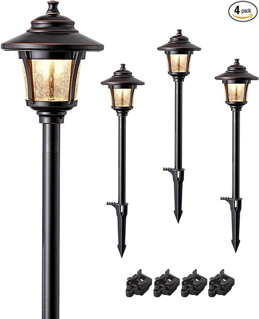 EDISHINE Low Voltage Landscape Lighting, 12V 3W 120LM 3000K Seed Glass Outdoor Landscape Path Lights with Connectors, ORB Waterproof Electric LED Pathway Light Wired for Walkway Garden Yard, 4 Pack