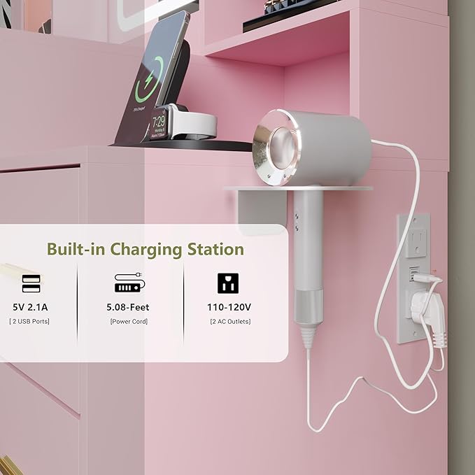 Makeup Vanity with LED Light Strip Mirror and Chair, 7 Drawers & 2 RGB Cabinets Pink Vanity Makeup Desk with Power Strip, Adjustable LED Lighting, and Cushioned Stool for Women, Girls, Teens