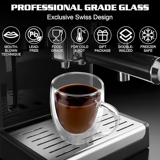 Clear Glass Double Wall Insulated Round Coffee Mugs Set of 2 Pieces - Medium Size 12oz Best Reusable Coffee Mug for Home Cafe Restaurant Perfect for Espresso Capucinno Lungo Latte Coffee