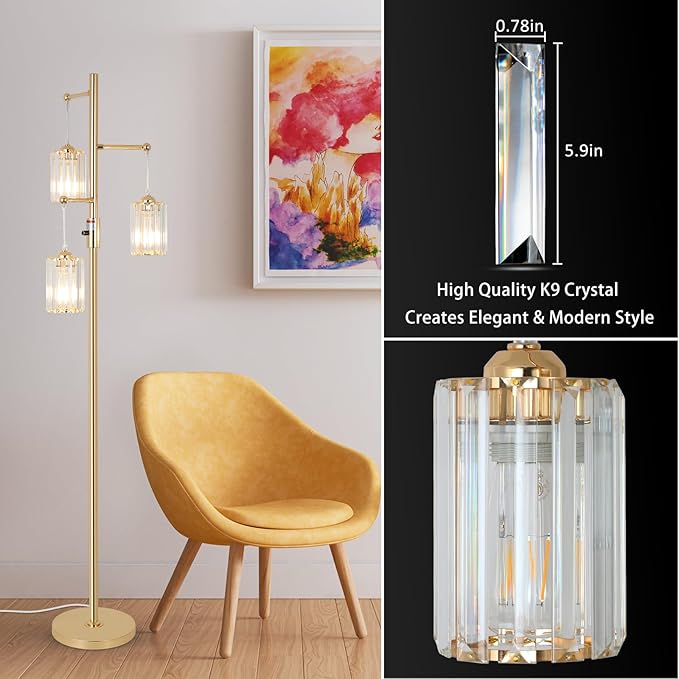 Gold Crystal Floor Lamps for Living Room, Dimmable 3 Lights Modern Standing Lamp with Crystal Shade, Dimmer Switch, 65" Industrial Tall Tree Lamp, Vintage Brass Corner Lamp for Bedroom