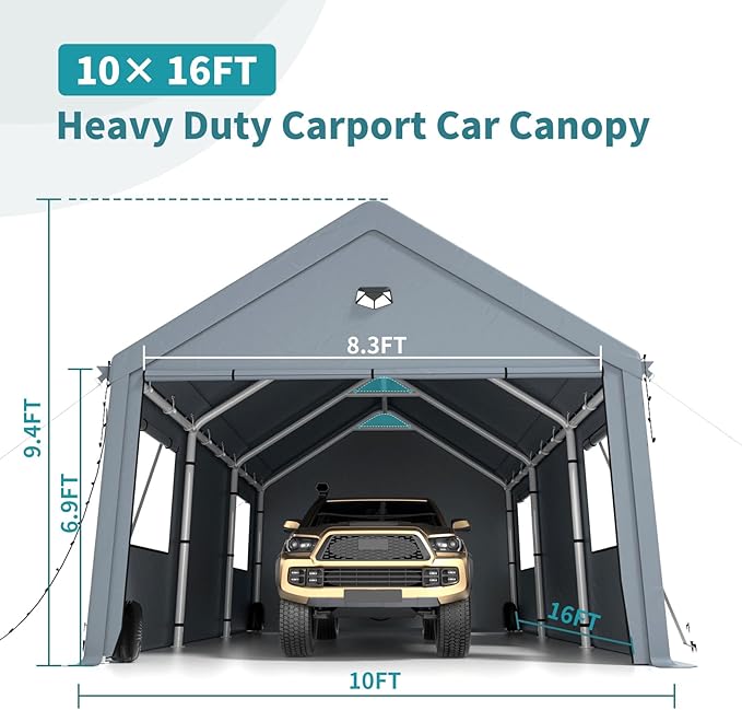 10x16FT Heavy Duty Carport Canopy,Extra Large Portable Car Tent Garage with Roll-up Windows and All-Season Tarp Cover,Removable Roof &Side Walls for Car, SUV,Boats&Truck Shelter Logic Storage