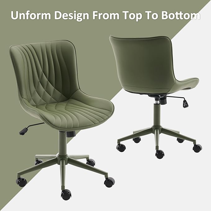 YOUTASTE All Olive Green Office Chair, Modern Armless Desk Chair with Back, Adjustable Swivel Rolling Faux Leather Task Chair with Wheels Metal Base for Home Office, Study, or Vanity