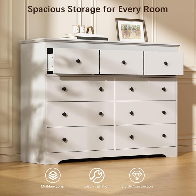 LYNSOM Modern 9 Drawer Dresser, 55.1" Wide Dressers & Chests of Drawers with Large Capacity Storage, Mid Century White Dresser for Bedroom, Hallway, White