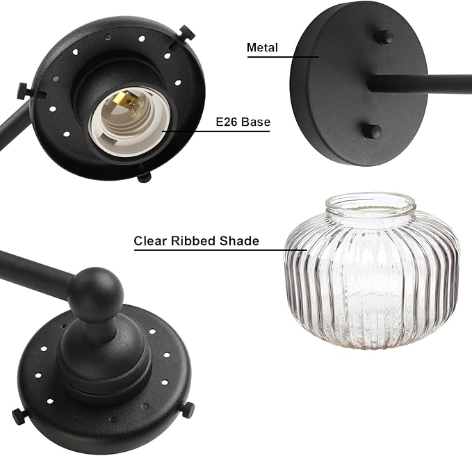 Yosoan 1-Light Indoor Modern Wall Sconce, Vanity Modern Single Vintage Industrial Wall Mount Fixture Lights with Clear Striped Glass Shade Lamp for Bathroom Kitchen Mirror Bedroom Dinning Room(Black)