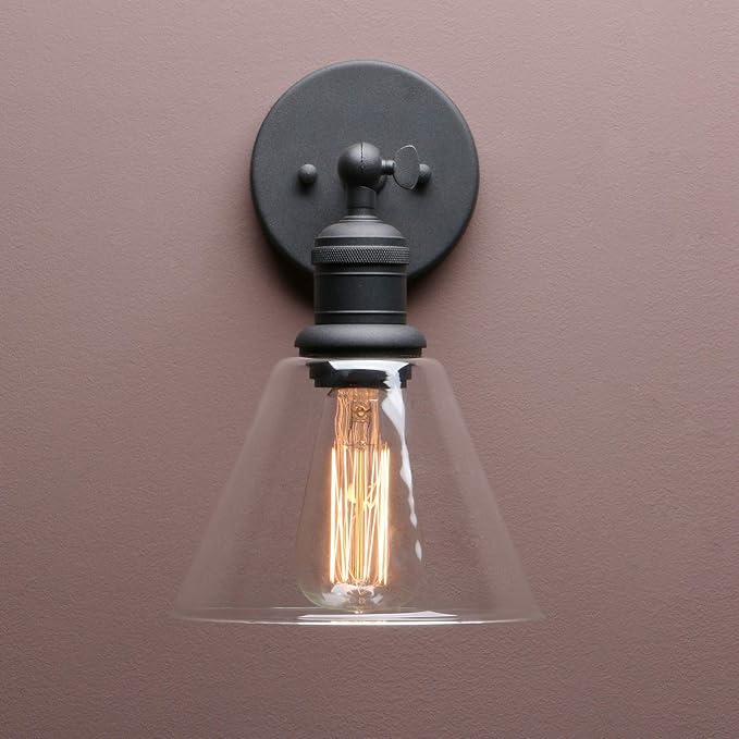 Yosoan Indoor Wall Sconce Fixture Light, 1-Light Modern Single Brass Vintage Industrial Hardwired with Funnel Flared Clear Glass Shade Lamp for Bathroom Sink Porch Kitchen Living Room(Black)