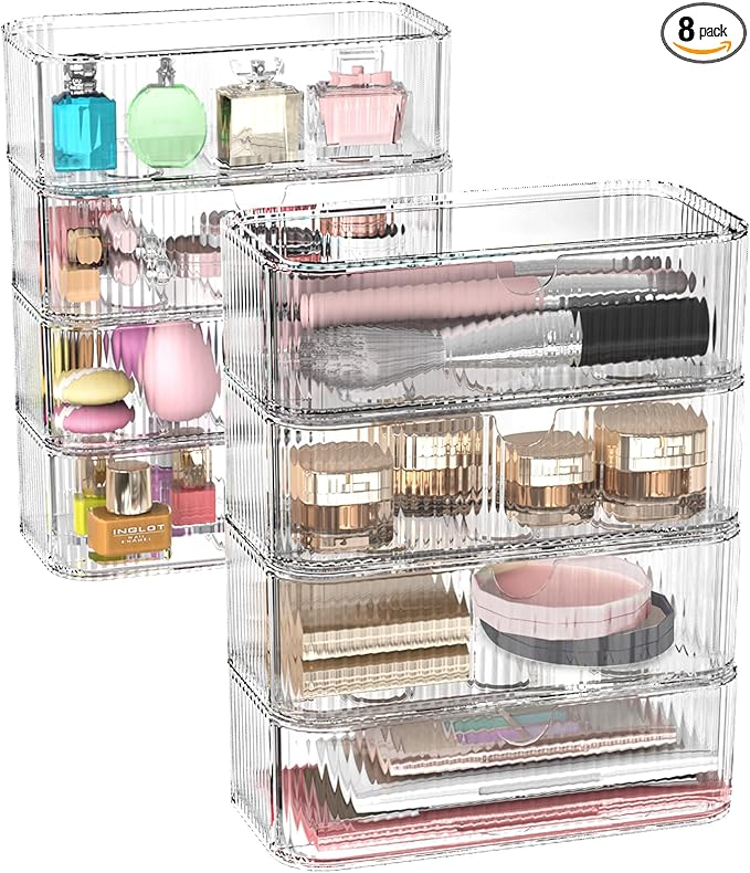 8-Pack Clear Stackable Storage Drawers with 16 Non-Slip Silicone Feet, Multi-Purpose Cosmetic & Home Organizers for Vanity, Office, Bathroom, Pantry, Easy-Pull Transparent Acrylic Storage Bins