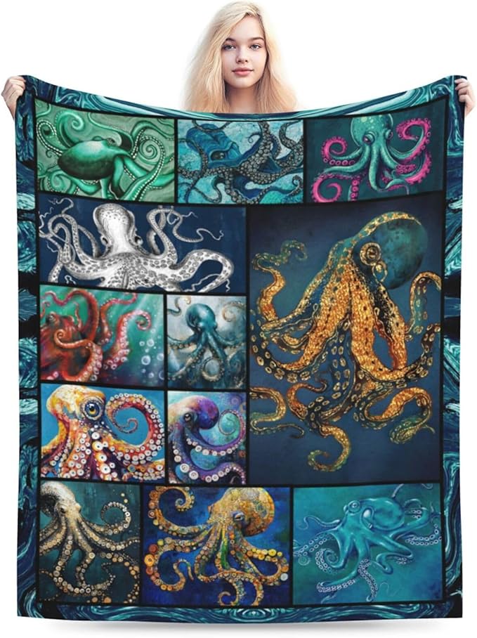 Ocean Octopus Blanket Soft Octopus Flannel Fleece Blanket Cozy Warm Nautical Octopus Stuff Decor Bedding Plush Throw Blanket Octopus Gifts for Lovers Girls Boys Kids Women Adults Bed Travel 50"x60"