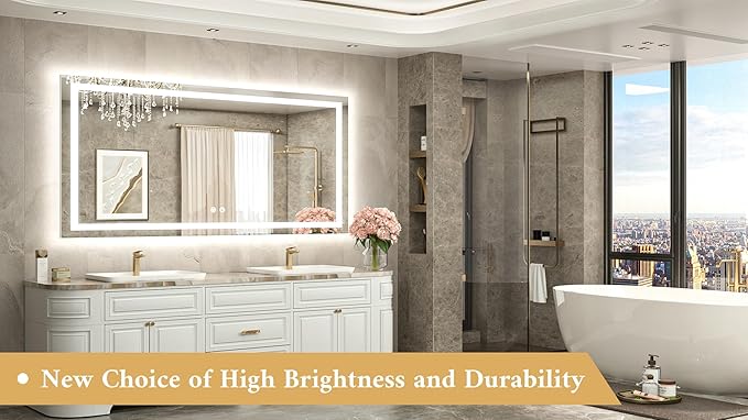 TETOTE 60 x 28 LED Lighted Bathroom Mirror with Lights, Brighter Front and Backlit Light up Mirror for Bathroom Vanity Wall, 3-Color Dimmable Illuminated Antifog Mirror, Waterproof, Tempered Glass