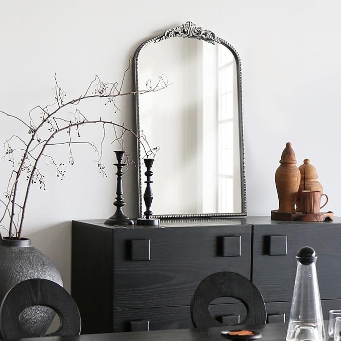 Micasso Arched Mirror, Traditional Vintage Ornate Mirror, 31" x 19" Antique Baroque Silver Wall Mirror for Bathroom Bedroom Living Room