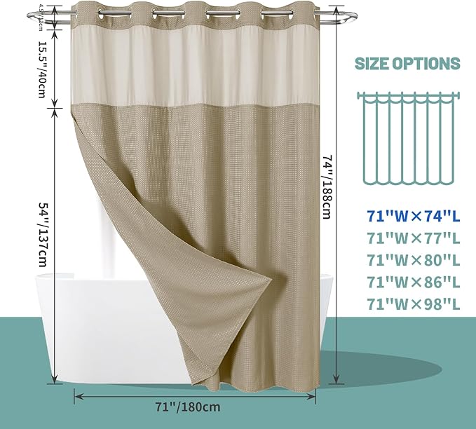 Khaki No Hook Waffle Weave Shower Curtain with snap-in Liner Replacement, 230GSM Waterproof Fabric Hotel Shower Curtain Set for Bathroom, Through Mesh Top Window,71Wx74H