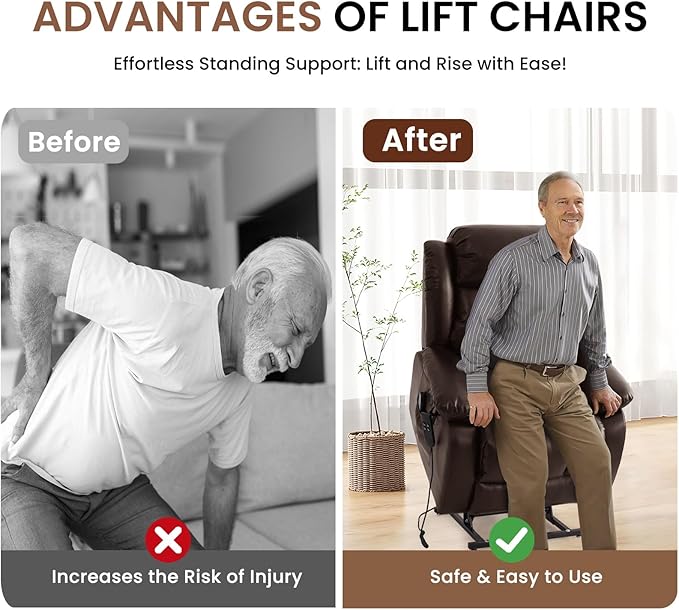 TEKAMON Dual Motor Power Lift Recliner Chair for Elderly, Breathable Leather Recliner with Heat & Massage, Lay Flat Sleeping Chairs with Infinite Position, Remote Control & USB Ports(Brown)