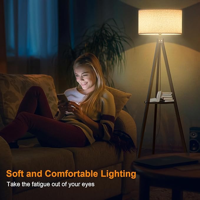 LEPOWER Tripod Floor Lamp, Mid Century Wood Standing Lamp, Modern Design Shelf Floor Lamp for Living Room, Bedroom, Office, Flaxen Lamp Shade with E26 Lamp Base Black