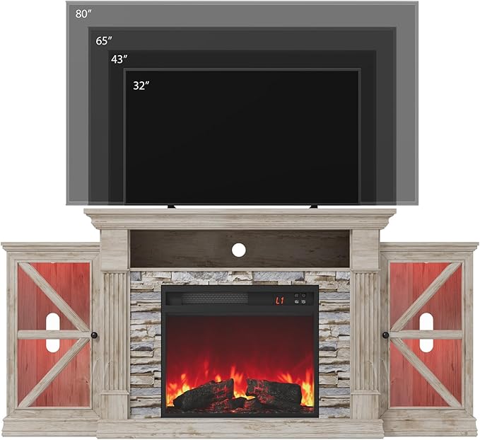QUW Electric Fireplace TV Stand, 70" Farmhouse Entertainment Center with Open Shelf and Glass Barn Door Cabniet, Modern TV Console Table with 7 Flame Colors for Living Room, Antique Brush Grey