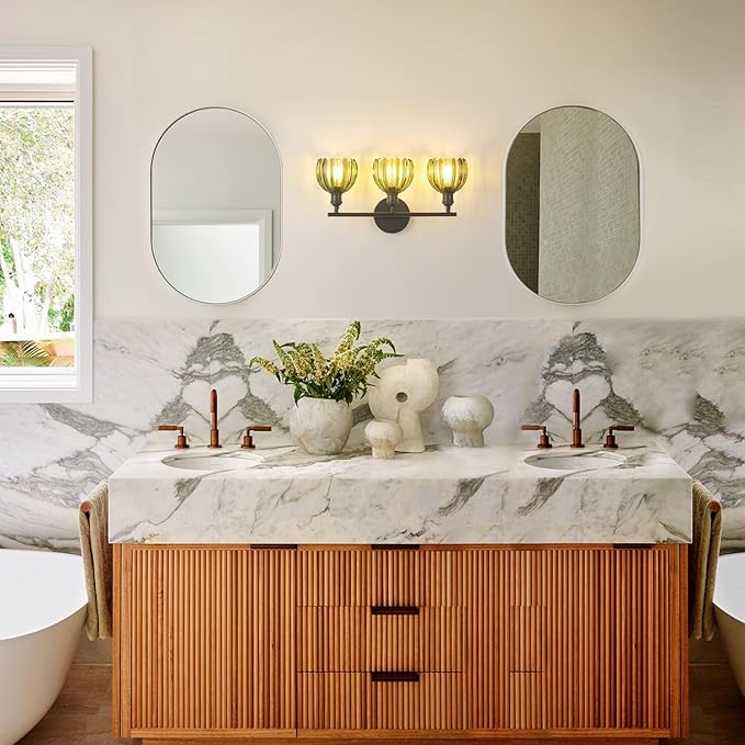 Bathroom Light Fixtures, 3-Light Black Vanity Wall Light Over Mirror with Green Tulip Glass Shade for Bedroom Living Room