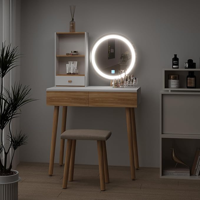 YOURLITE Makeup Vanity Desk with Lights,Small Vanity with Adjustable Brightness Mirror for Samll Spaces,Vanity Desk with Drawers and Storage Shelves