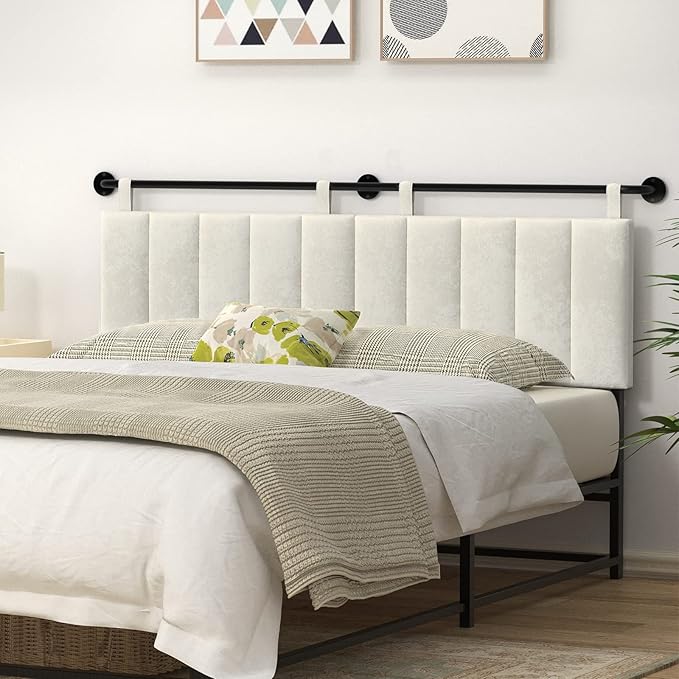 Wall Mounted Headboard King Headboards Only Comfortable Velvet Vertical Channel Headboards for Adjustable Size Bed (Velvet Beige, King)