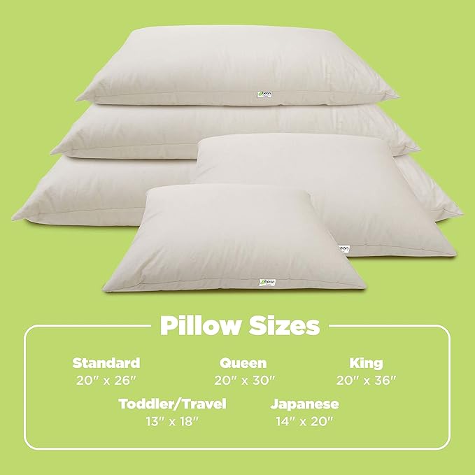 Bean Products Kapok 20" x 26" Standard Pillow - Breathable, Eco-Friendly and Durable Organic Cotton Fabric Bed Pillow - Soft and Supportive Pillow for Sleeping, Made in The USA