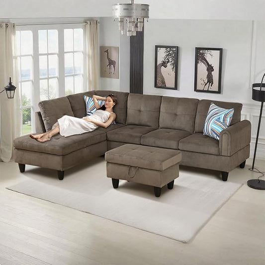 L-Shape 3-Piece Cloud Sofa, Couch for Living Room, Brown Pineapple Velvet Fabric L-Shape with Reversible Chaise & Storage Ottoman, Ergonomic 110–115° Recline, Solid-Wood Frame