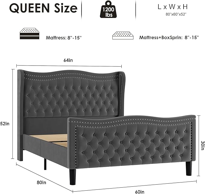Queen Bed Frame with Tall Headboard & Footboard, Velvet Upholstered Platform Bed Frame with Deep Button Tufted Wingback, No Box Spring Needed, Noise Free, Grey