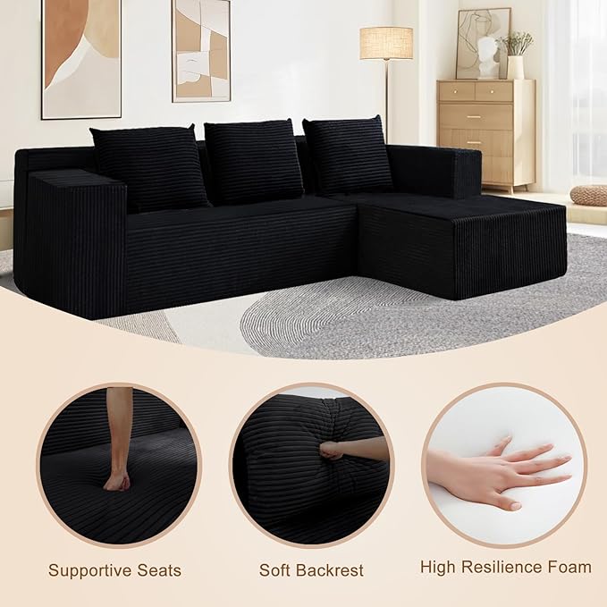 Cloud Sectional Sofa, Boneless Couch for Living Room, No Assembly Required, Deep Seat, Modern Minimalist Modular Couch, Free Combination, 103" L-Shape with Chaise, Plush Corduroy, Right