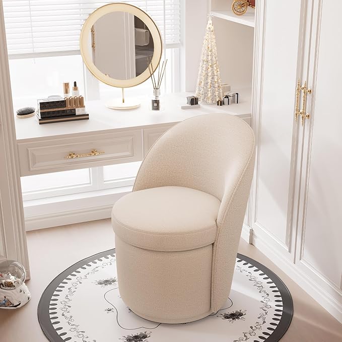YOUNIKE Vanity Bench Boucle Fabric Oatmeal Solid Wood Swivel Accent Chair with Backrest Easy Assembly Dressing Stool for Bedroom & Makeup Room