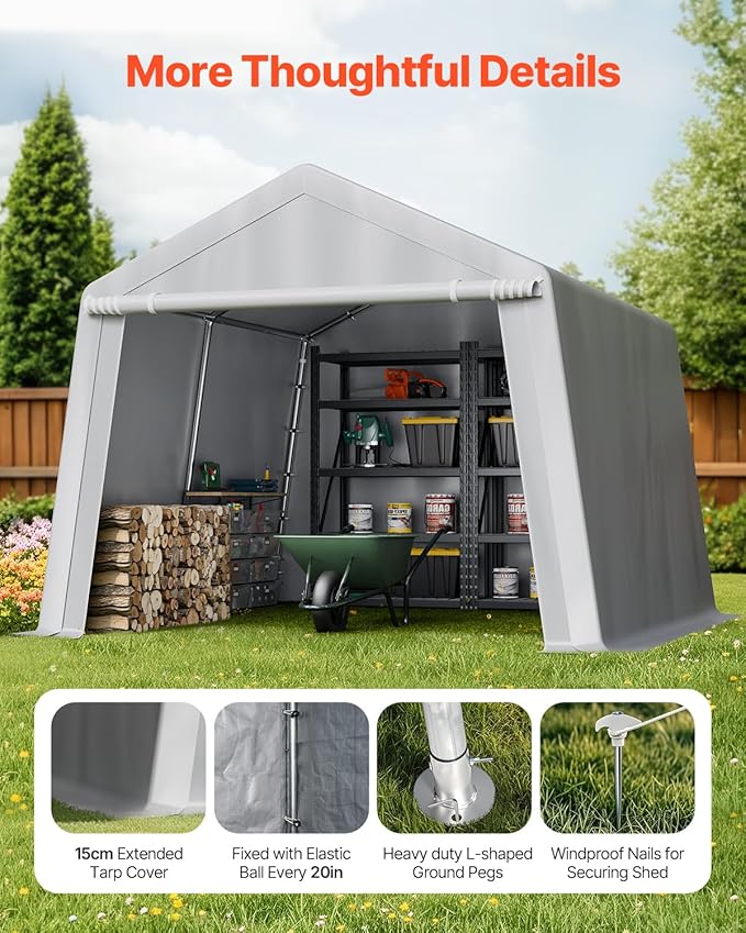 VEVOR Outdoor Storage Shed, 10 x 10 ft Portable Storage Tent with Roll-up Door & Vents, Waterproof Canopy Shed Shelter, Heavy Duty Frame, Patio Garage Carport for Motorcycle, Lawn Mower, Bike, Grey